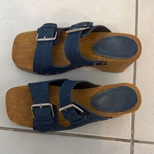 Denim Double Buckle Wooden Platform Sandals - Blue